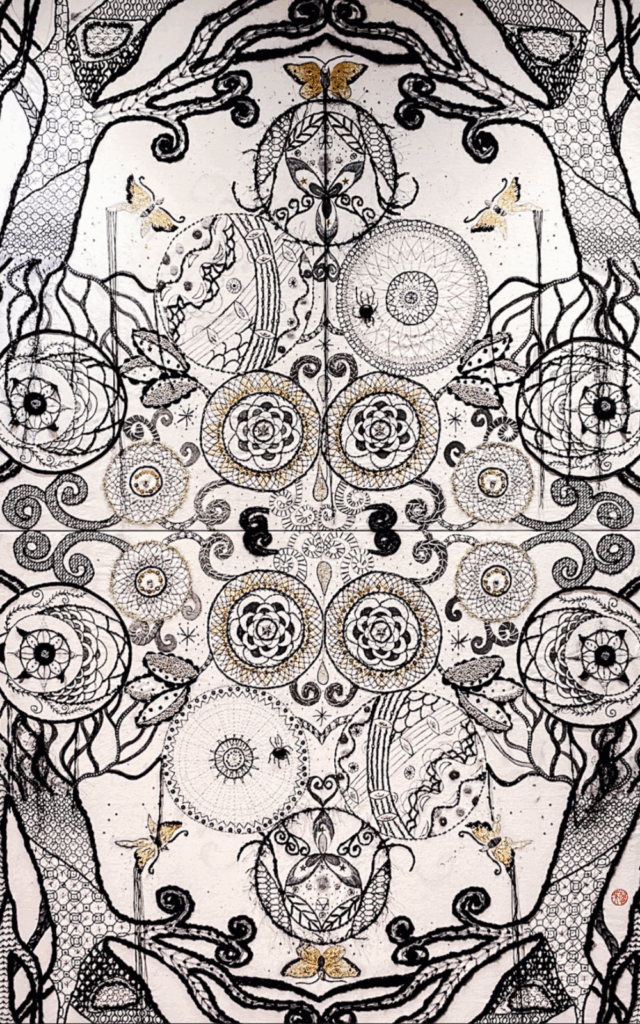 五島アサミ《サムサラの森 Ⅲ》幾何学刺繍と墨による現代アート作品。"Samsara Forest III" by Asami Goto – Geometric Embroidery and Sumi Ink Art.