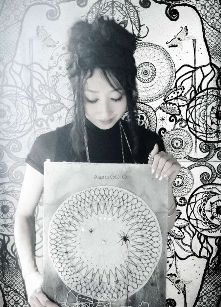 Portrait of contemporary artist Asami Goto, geometric embroidery and sumi ink art